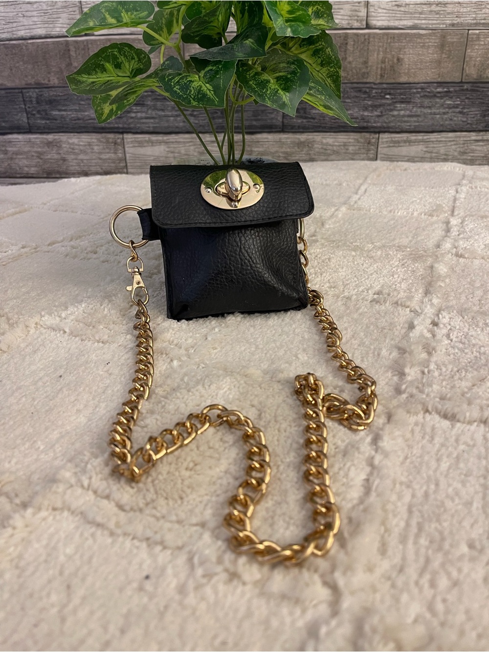 Black Leather Mini Crossbody with Gold Chain